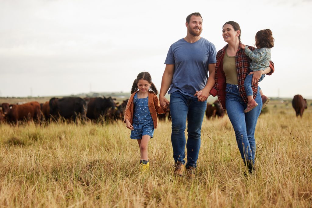 Happy family walking in a field holding hands