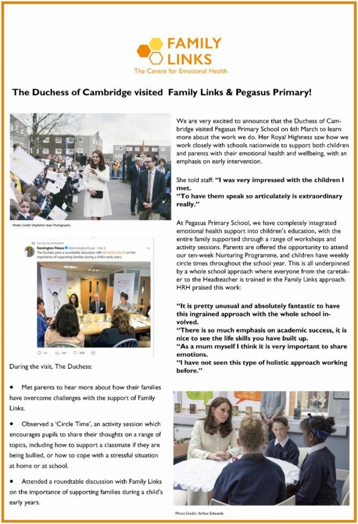 Family Links article about The Duchess of Cambridge visiting Family Links & Pegasus Primary