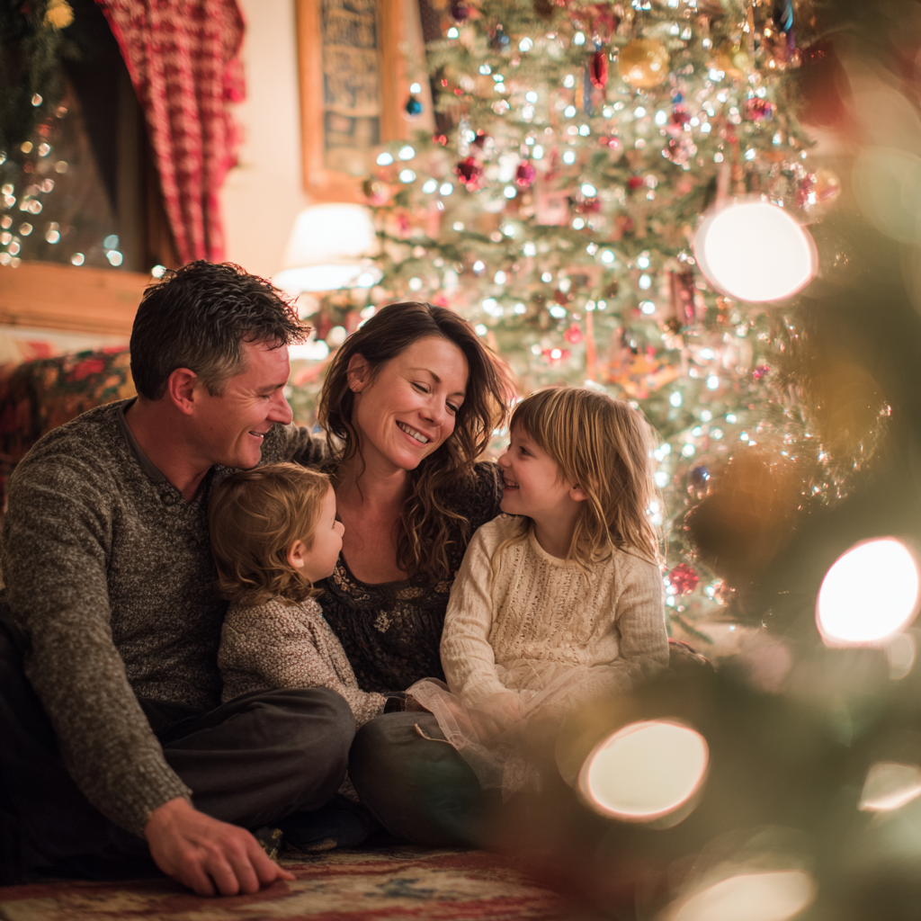 a family gathered around the christmas tree for the holidays